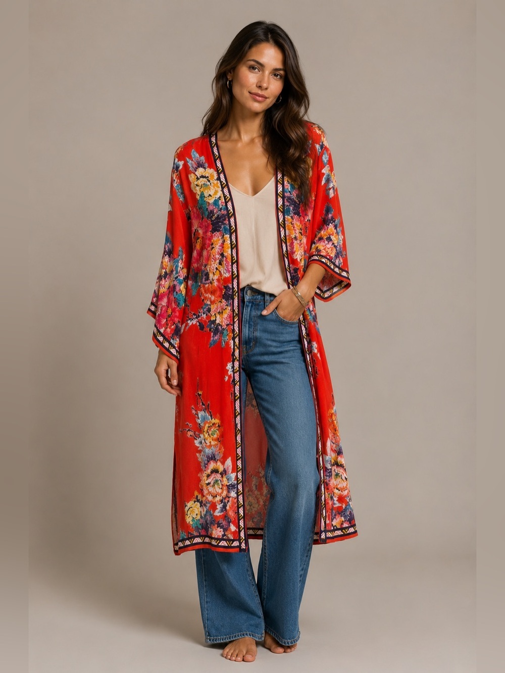 Flying Tomato Anthropologie  Sz M-L Floral Print  Kimono Cardigan Duster Top